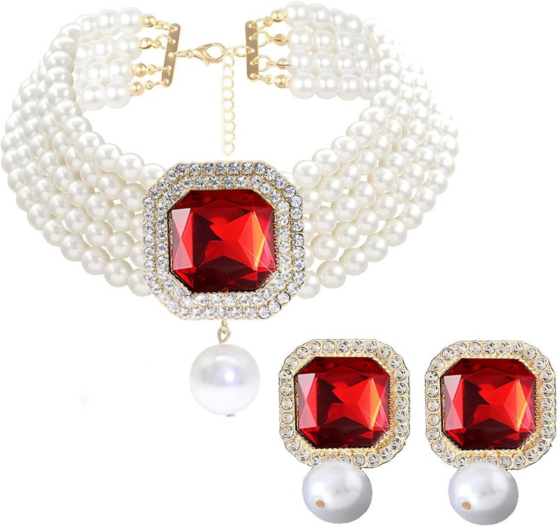 CIOOU Pearl Choker Necklace for Women Gold Crystal Rhinestone Pearl Collar Statement Necklaces Earrings Bridal Pearls Diamond jewelry Set for Wedding - Image 1